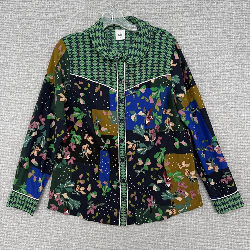 CAbi Button-Up Womens M Multicolor Floral‎ Cottage Trim L/S Funky Statement Thin